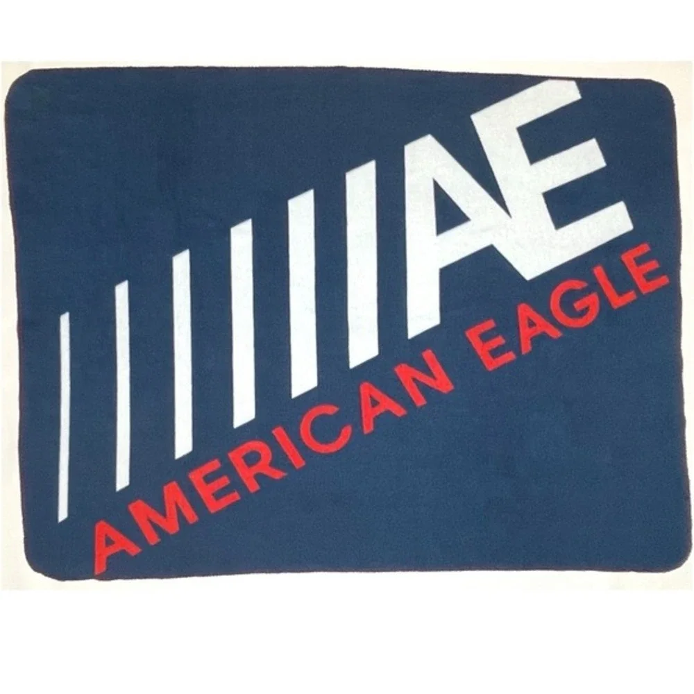 American Eagle Fleece Blanket Blue with Red & White Large Spellout Logo 62
